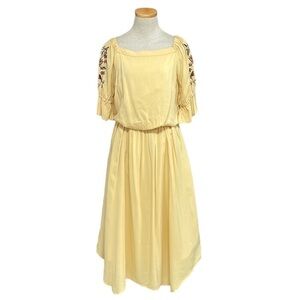 Mystrada Dress Womens 38 Tan Blouson Midi Short Sleeve Embroidery Floral Pockets